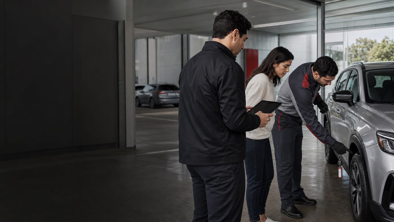 Service team documenting the condition of an off-lot loaner vehicle