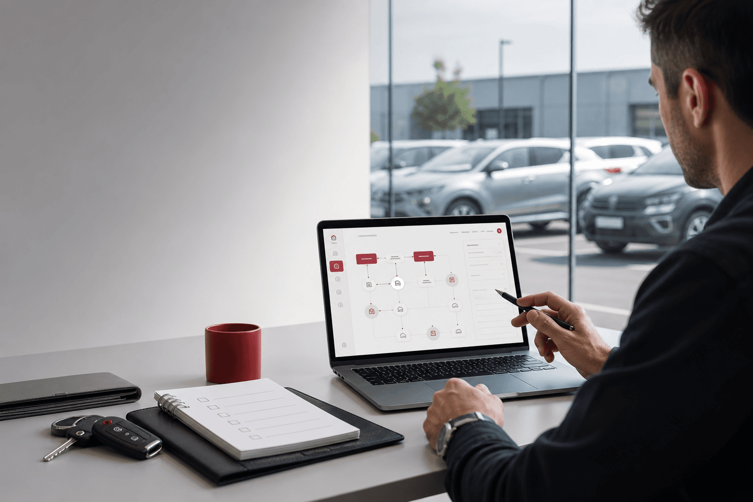 Rental operator reviewing an implementation workflow beside a vehicle fleet