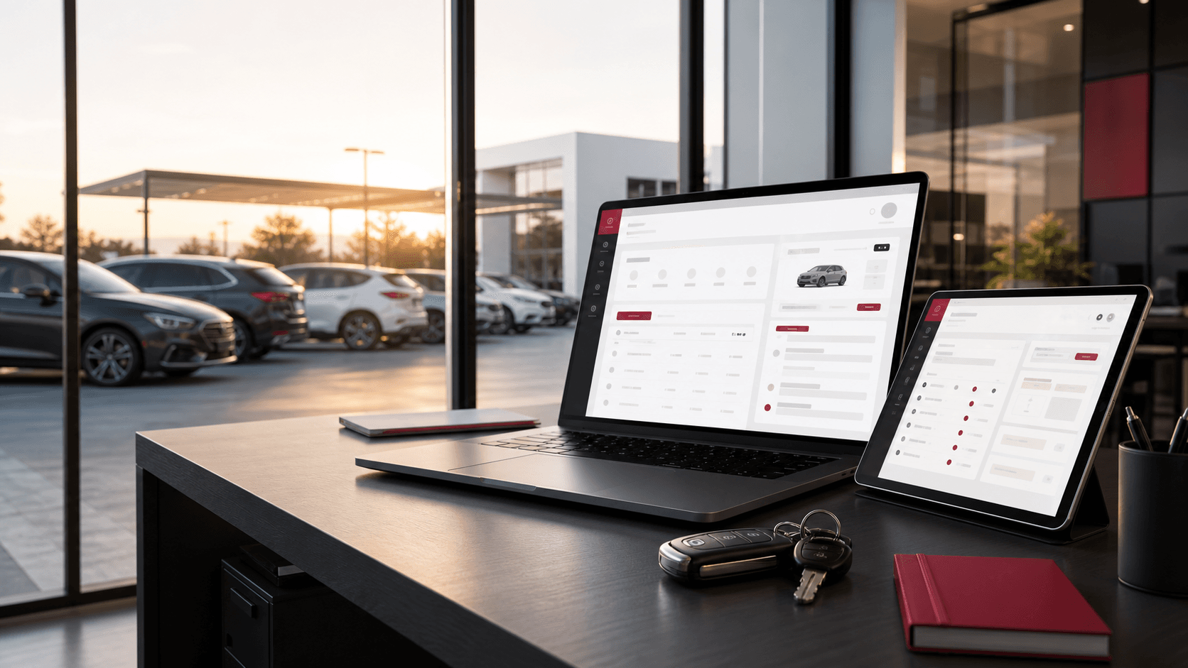 Rental operations office with fleet and abstract Resvo screens