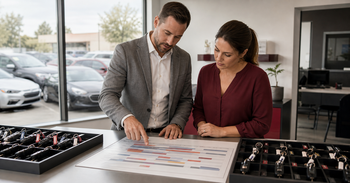 Multi-branch car rental managers reviewing vehicle availability and booking windows across two locations
