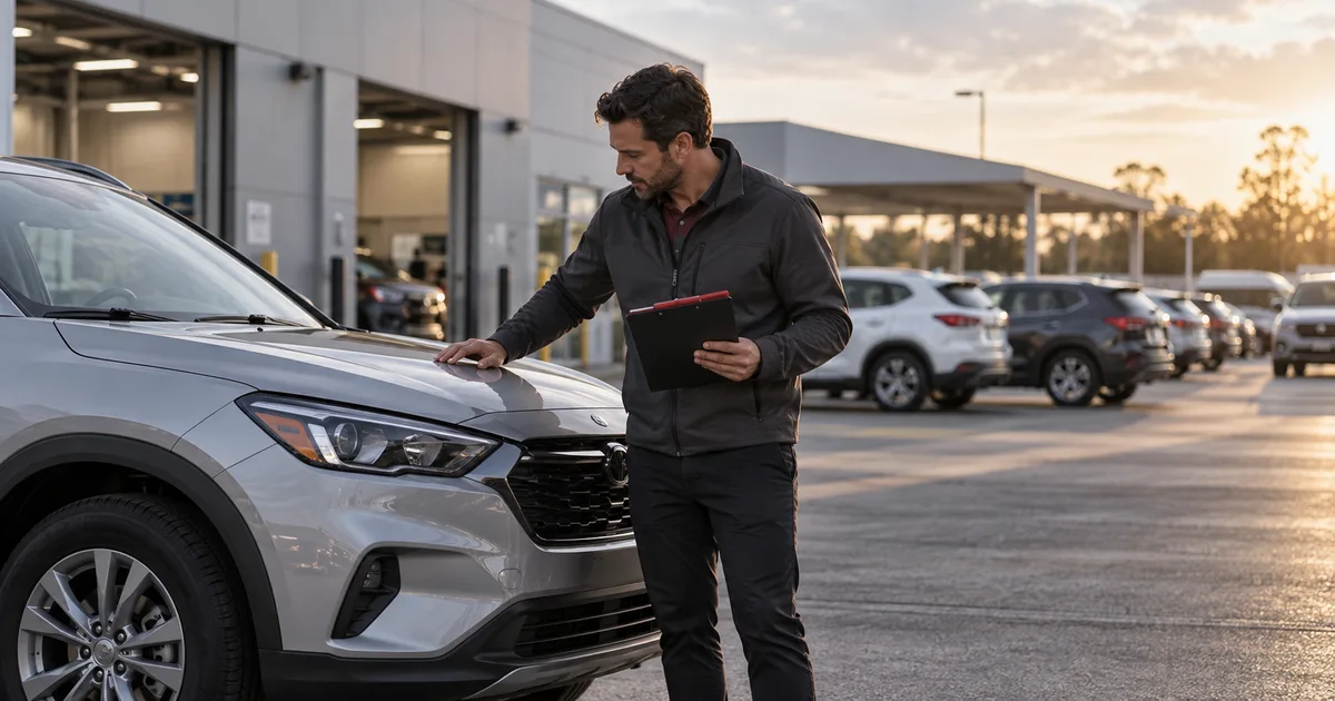 Rental operator reviewing an unbranded vehicle during a fleet replacement decision