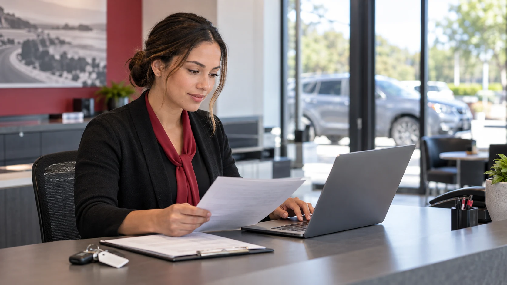 Rental branch operator preparing a policy exception for manager review