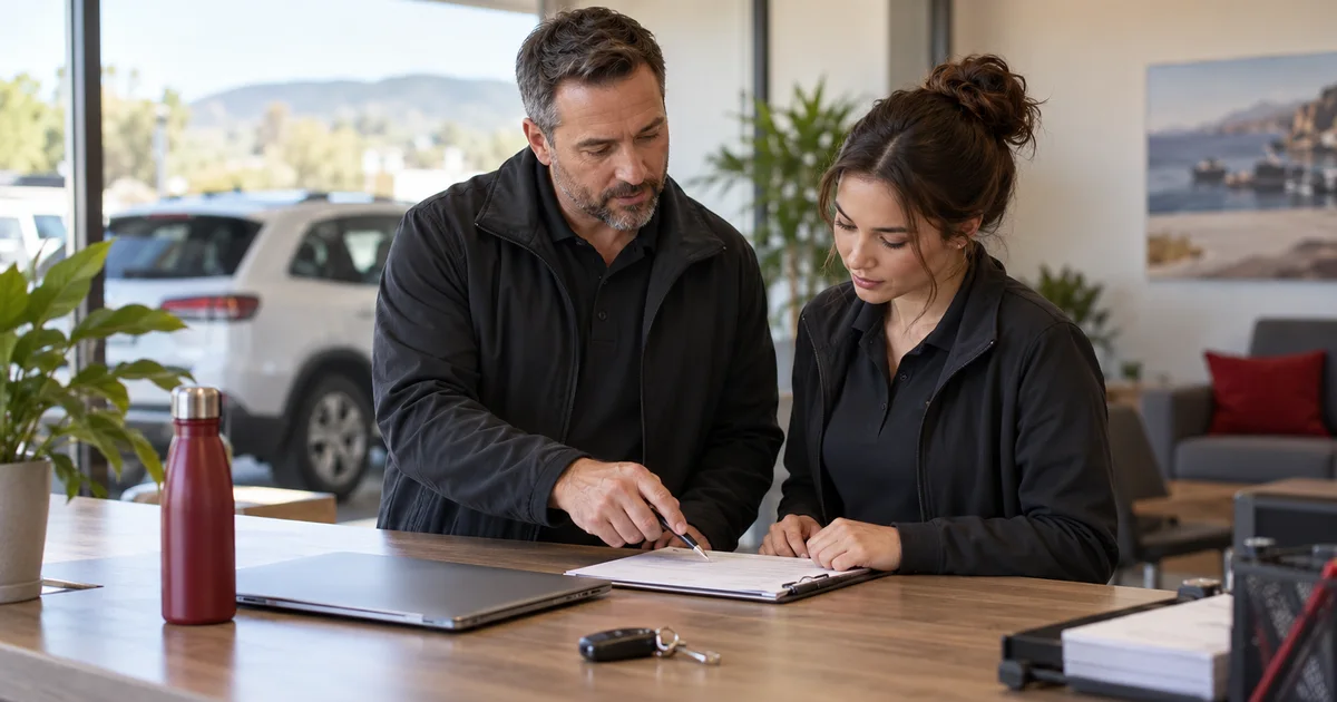 Two rental team members reviewing a pickup preparation checklist at a branch counter