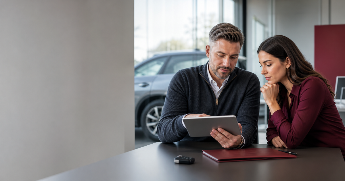 Rental operator and customer reviewing a pickup-ready digital agreement before a vehicle handoff