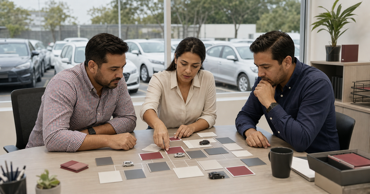 Equipo de una rentadora revisando KPIs operativos por sucursal y estado de flotilla
