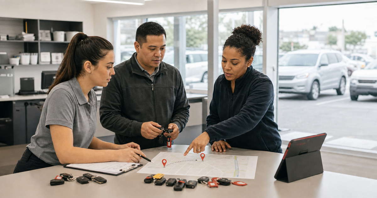 A multi-branch car rental operations team coordinating branch pressure and vehicle movements